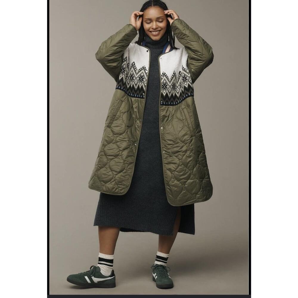 Anthropologie Coat Womens Medium Green Quilted Fair Isle Fleece Long Oversized
